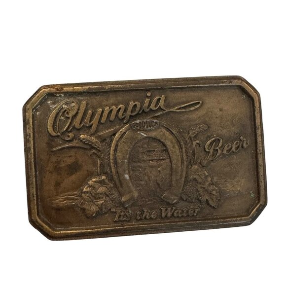 Vintage Olympia Beer Brass Belt Buckle Rectangular Design Embossed Detail Collec - Picture 3 of 11